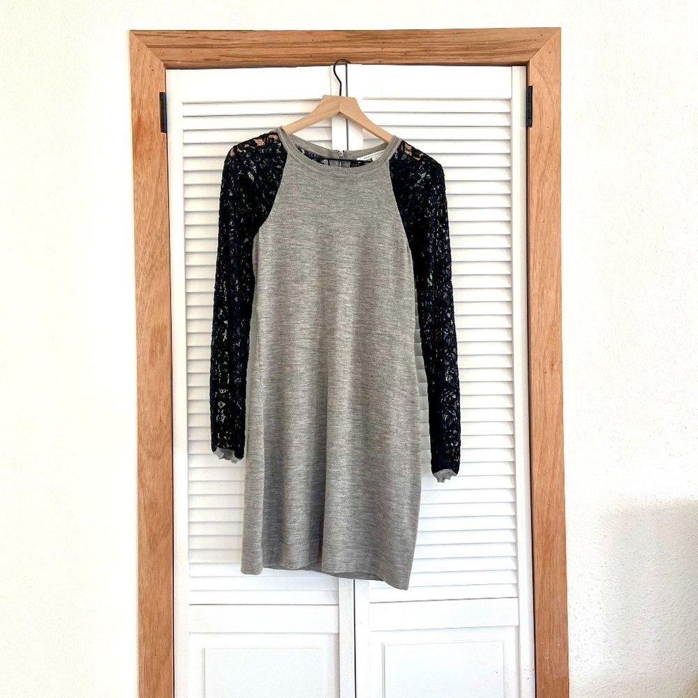 Diane Von Furstenberg Gray Sweater Dress with Lace Sleeves + Back / Small